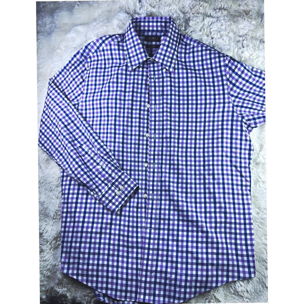 Lauren Ralph Lauren Mens L 16.5 34/35 Purple Blue Check Stretch Dress Shirt. A27